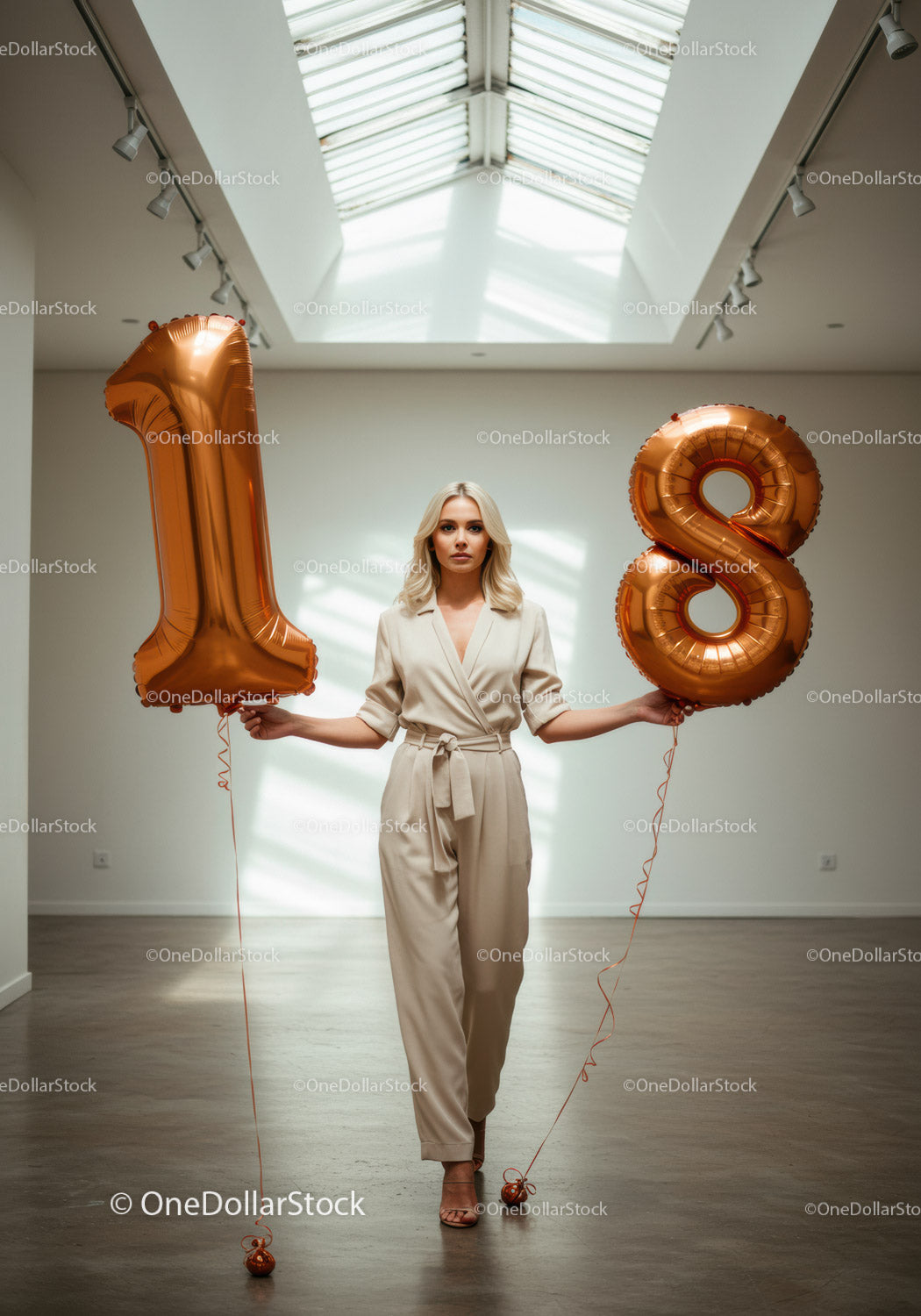 Blonde woman holding number 18 balloons in modern room