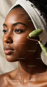 Elegant Black Woman Receiving Facial Massage with Jade Roller