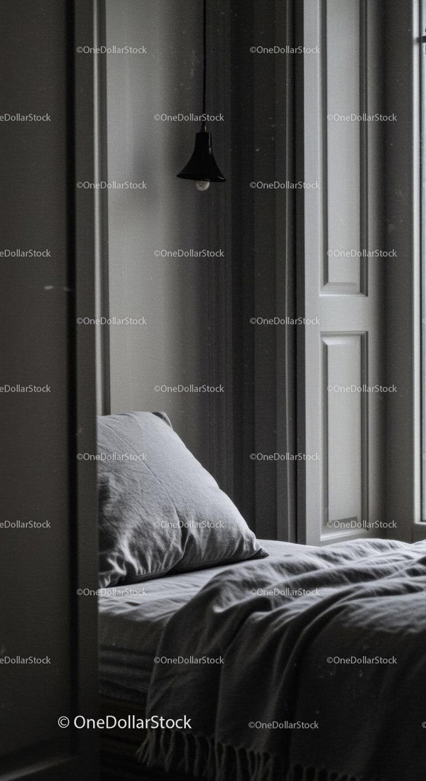 Minimalistyczna nowoczesna sypialnia z szarą pościelą i eleganckim wnętrzem