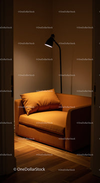 Orange Armchair with Floor Lamp in Cozy Modern Living Room