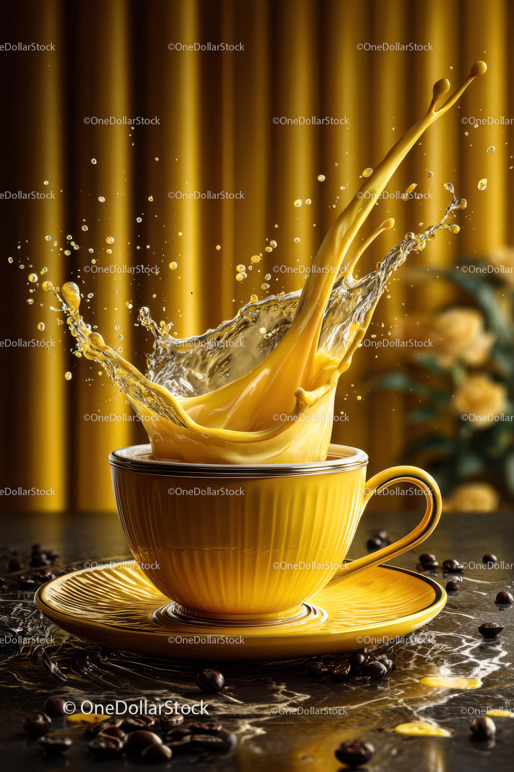 Yellow Cup with Coffee Splash in a Bright and Dynamic Scene