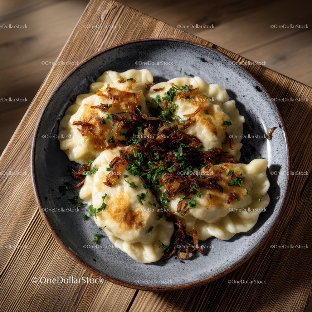 Dumplings with Bacon and Herbs Served in Rustic Bowl