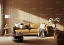 Cozy modern living room with leather sofa and natural light