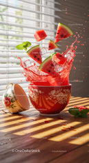Fresh watermelon slices splashing from decorative bowl
