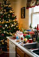 Cozy kitchen counter with holiday decorations and Christmas tree