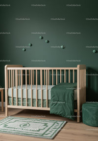Modern Nursery with Green Wall Decor and Wooden Bed Frame
