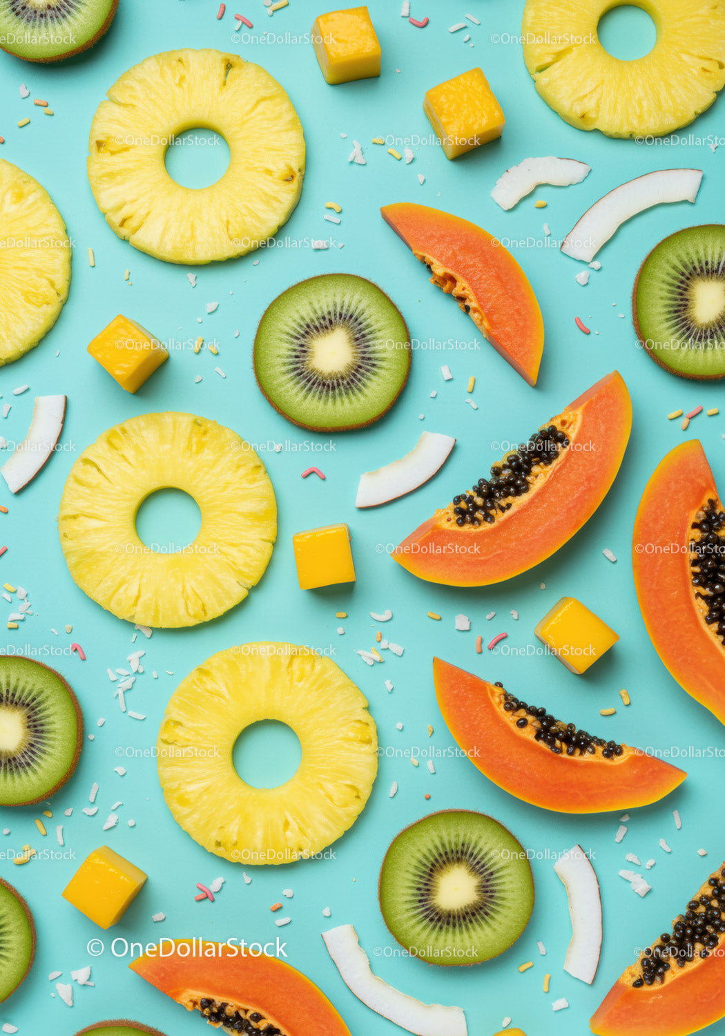 Colorful tropical fruit slices on blue background