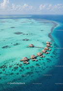 Overwater Bungalows in Turquoise Ocean with Tropical Paradise View