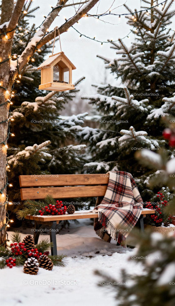 Cozy Winter Bench with Plaid Blanket and Bird Feeder