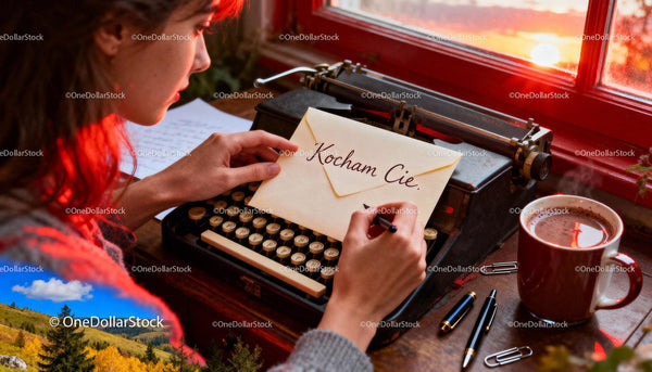 Woman Writing Love Letter by Sunset on Vintage Typewriter