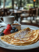 Delicious Pancakes with Fresh Fruit and Chocolate Sauce on a White Plate
