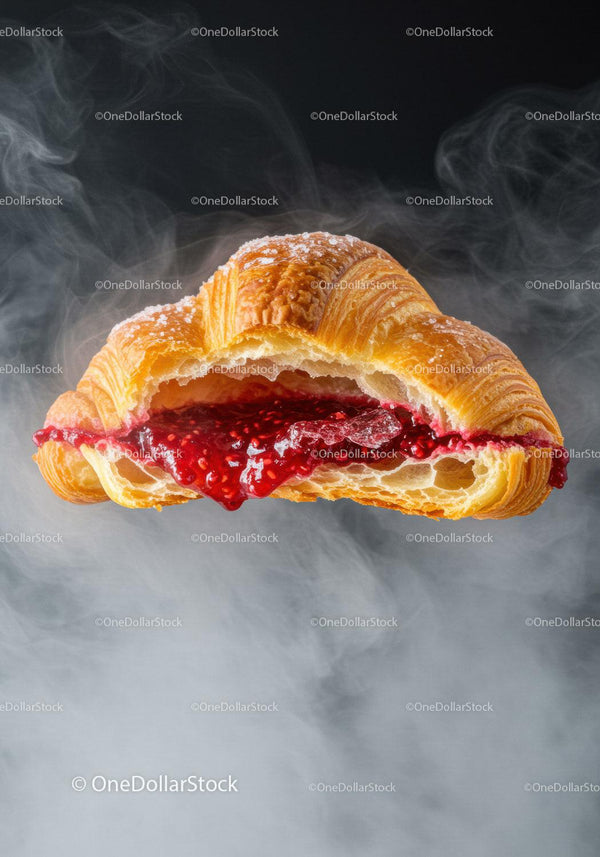 Świeży rogalik z dżemem malinowym na ciemnym tle