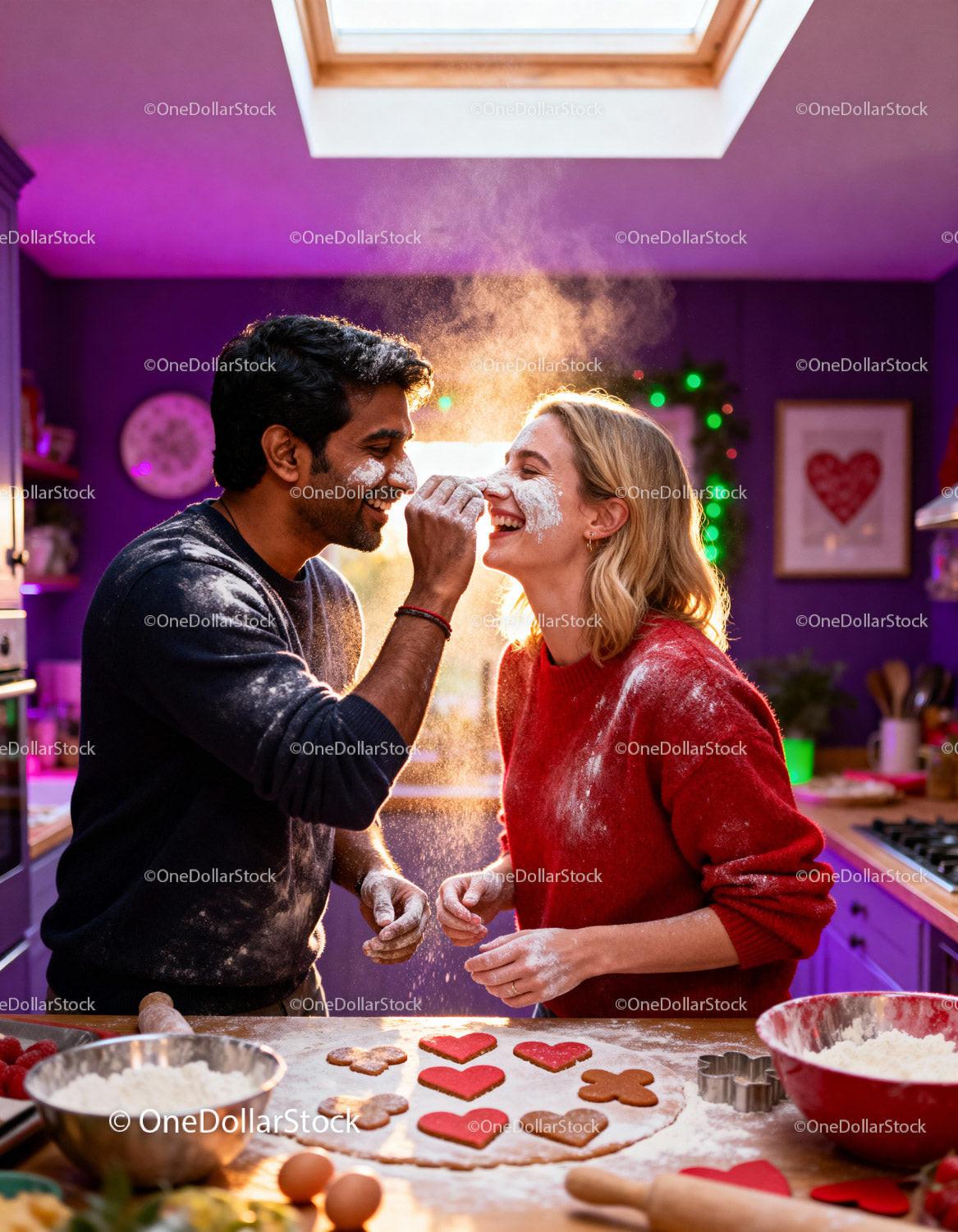 Couple Playfully Baking Heart Shaped Cookies at Home