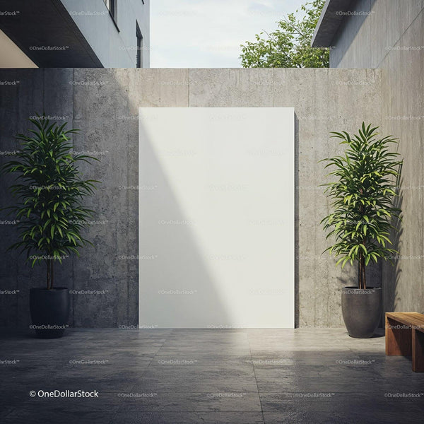 Modern outdoor space with blank wall and green plants JPG Mockup Image