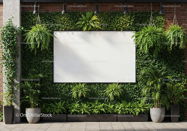 Blank white board surrounded by lush green plants wall JPG Mockup Image