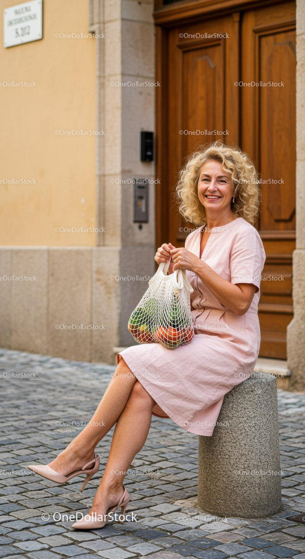 Smiling woman resting with grocery bag on city street