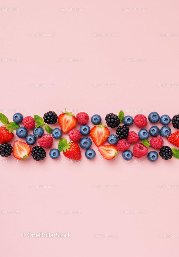 Fresh mixed berries with mint on pastel pink background