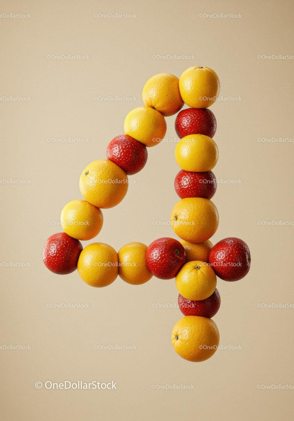 Number four shaped with fresh oranges and apples