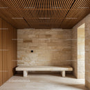 Contemporary Interior with Beige Stone Wall and Wooden Ceiling Slats