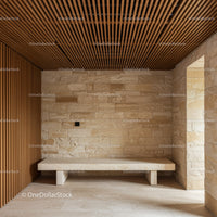Contemporary Interior with Beige Stone Wall and Wooden Ceiling Slats