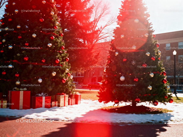 Outdoor Christmas Trees Decorated with Ornaments and Gifts