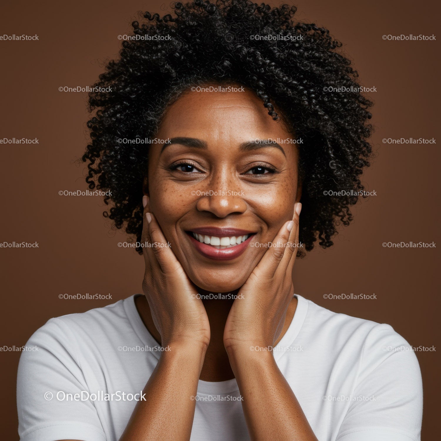 Portrait of a Smiling Black Woman with Curly Hair in Warm Studio Lighting