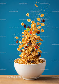 Crunchy cereal flakes with dried fruit bursting from bowl