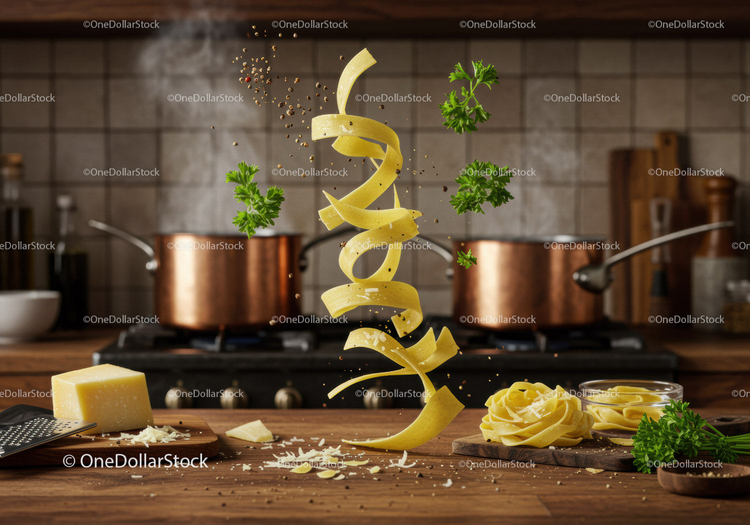 Fresh tagliatelle pasta with herbs and parmesan cheese