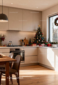 Modern Kitchen Decorated with Christmas Tree and Gifts