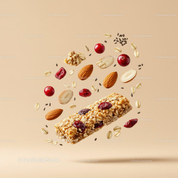 Healthy granola bar with nuts and cranberries flying