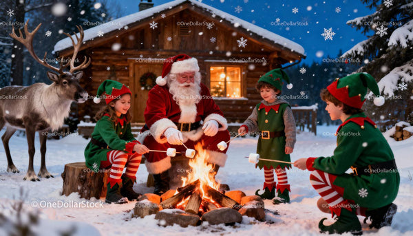 Santa and Elves Roasting Marshmallows by Campfire