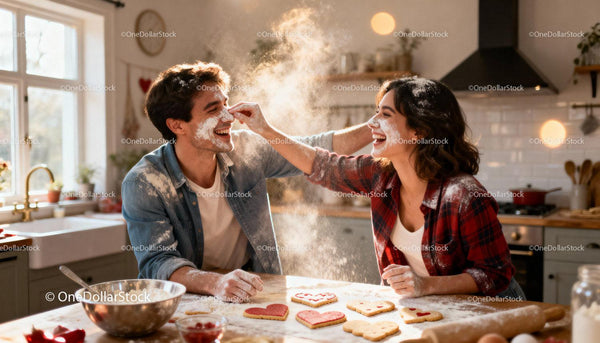 Happy couple playfully baking cookies together at home