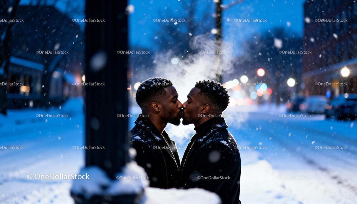 Couple sharing a tender kiss on snowy winter evening
