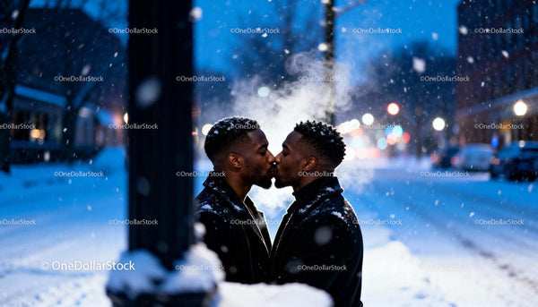 Couple sharing a tender kiss on snowy winter evening
