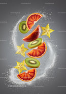 Fresh citrus and tropical fruits splashing in water