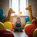 Little boy sitting among colorful balloons and inflatable animals