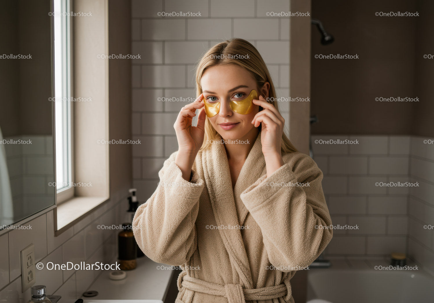 Młoda kobieta w szlafroku nakładająca złote plastry na oczy w atmosferze spa