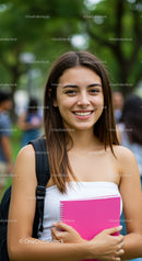 Smiling Young Woman Holding Pink Notebook in College Campus
