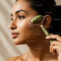 Woman Using Jade Roller for Facial Massage and Skin Rejuvenation