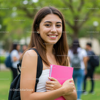 Smiling Young Woman Holding Pink Notebook in Campus Park