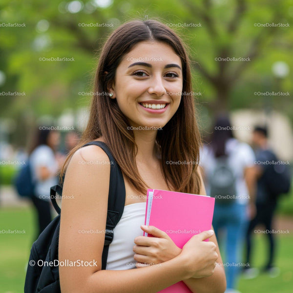 Smiling Young Woman Holding Pink Notebook in Campus Park