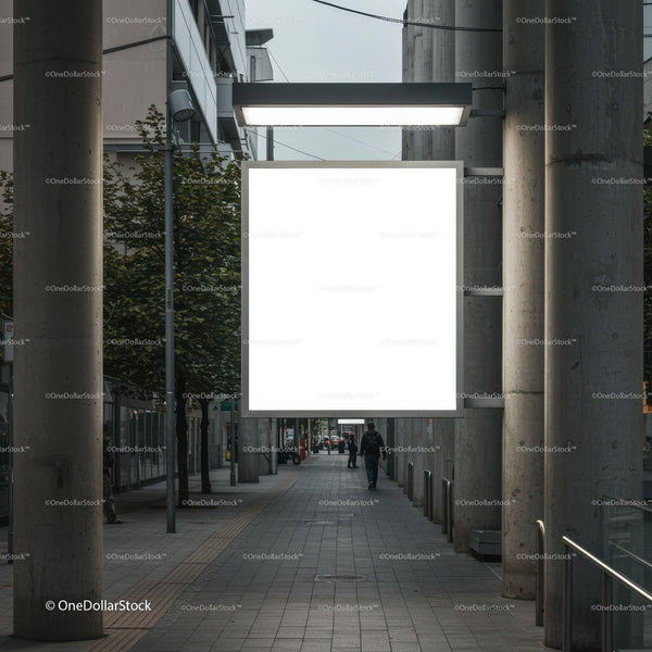 Urban street walkway with illuminated blank billboard JPG Mockup Image
