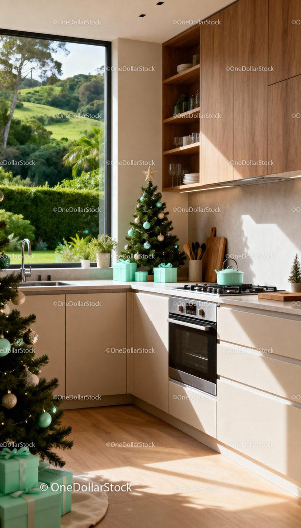 Modern kitchen with Christmas trees and green gifts