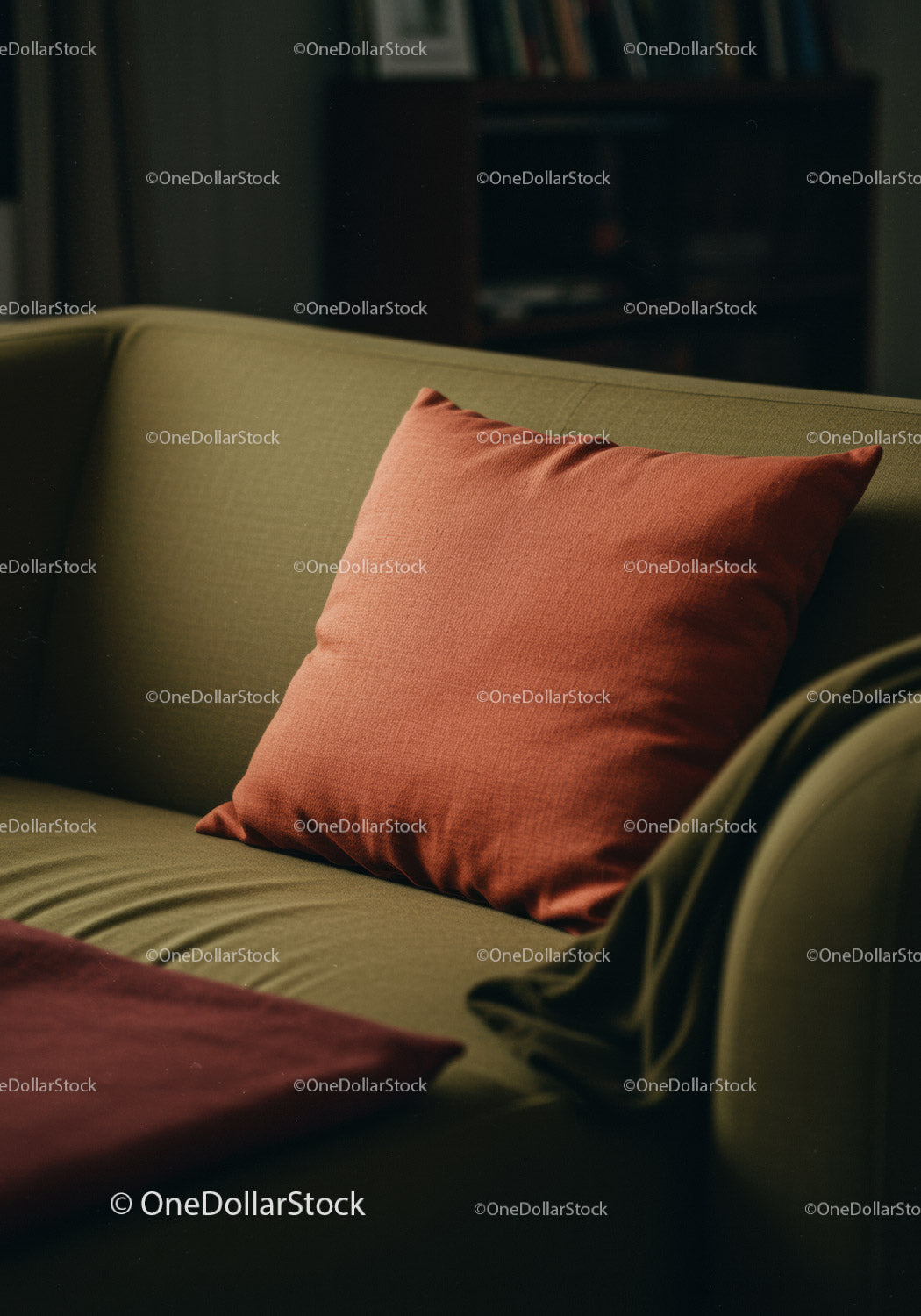 Green Sofa with Pink Cushion in Cozy Living Room Interior