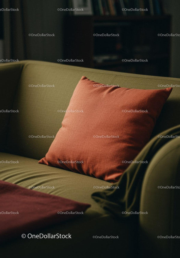 Zielona sofa z różową poduszką w przytulnym wnętrzu salonu