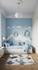 Bright and Cozy Blue Children's Bedroom with Cloud Wall Art and Plush Toys