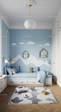 Bright and Cozy Blue Children's Bedroom with Cloud Wall Art and Plush Toys