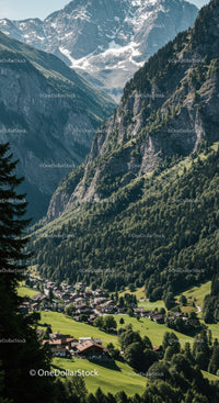 Idyllic Mountain Village Surrounded by Green Forests and Snow Peaks