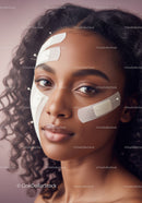 Close-Up of Young Woman with Curly Hair and Skin Patches for Skincare