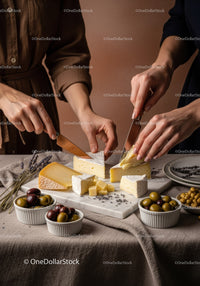 Cheese Tasting with Assorted Sliced Cheese and Olives on Rustic Table